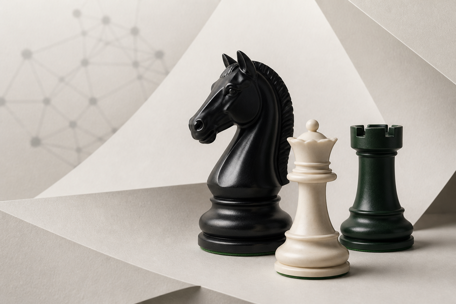 Composición editorial de un caballo negro, una dama blanca y una torre verde